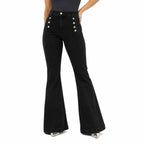 Women's Button-Detail High-Waisted Jeans Full-Length Flared Fit - Black 