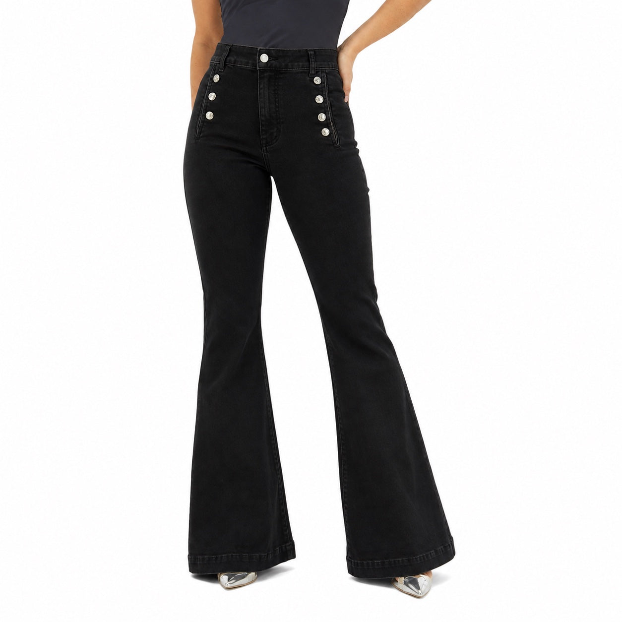 Women's Button-Detail High-Waisted Jeans Full-Length Flared Fit - Black 