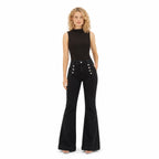Women's Button-Detail High-Waisted Jeans Full-Length Flared Fit - Black 