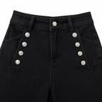 Women's Button-Detail High-Waisted Jeans Full-Length Flared Fit - Black 