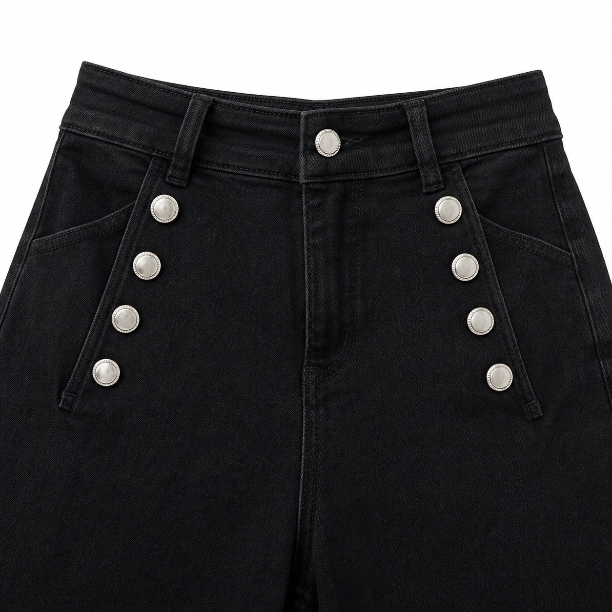 Women's Button-Detail High-Waisted Jeans Full-Length Flared Fit - Black 
