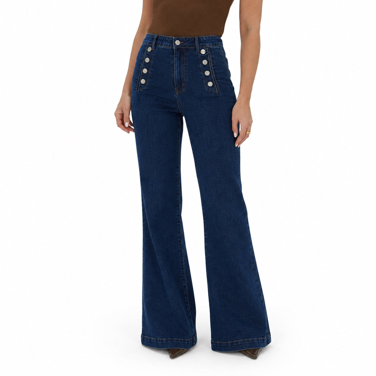Women's Button-Detail High-Waisted Jeans Full-Length Flared Fit - Dark Blue 