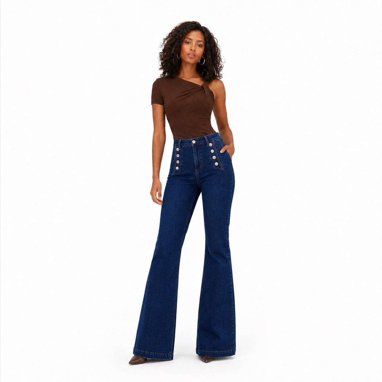 Women's Button-Detail High-Waisted Jeans Full-Length Flared Fit - Dark Blue 