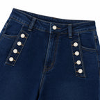 Women's Button-Detail High-Waisted Jeans Full-Length Flared Fit - Dark Blue 