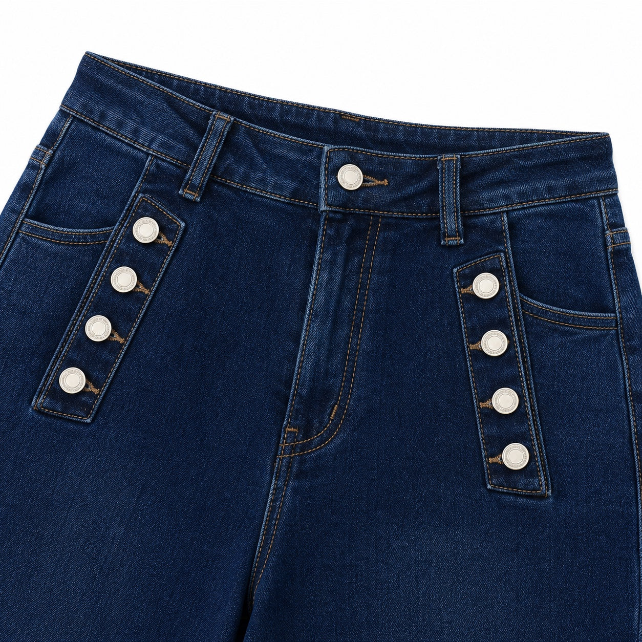 Women's Button-Detail High-Waisted Jeans Full-Length Flared Fit - Dark Blue 