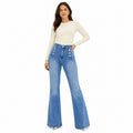 Women's Button-Detail High-Waisted Jeans Full-Length Flared Fit - Sky Blue 