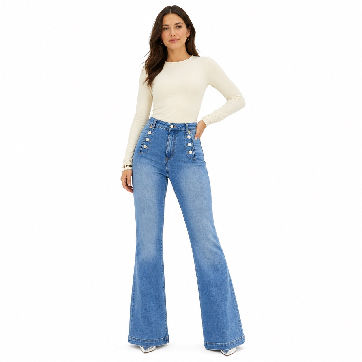 Women's Button-Detail High-Waisted Jeans Full-Length Flared Fit - Sky Blue 