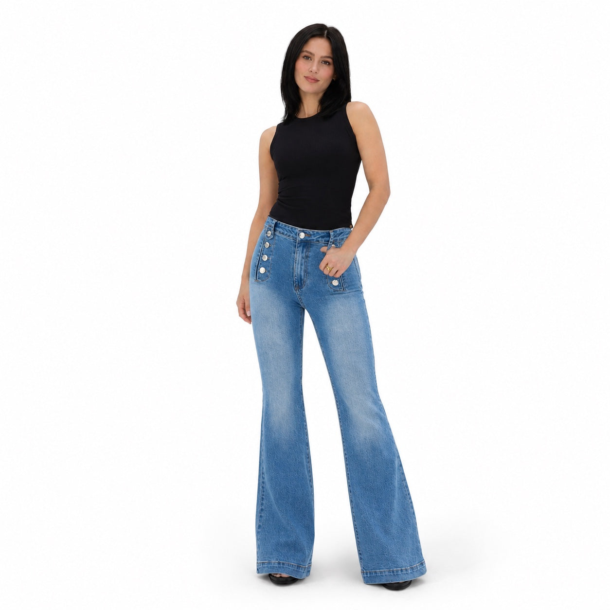 Women's Button-Detail High-Waisted Jeans Full-Length Flared Fit - Sky Blue 