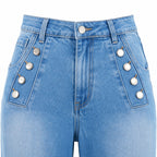 Women's Button-Detail High-Waisted Jeans Full-Length Flared Fit - Sky Blue 