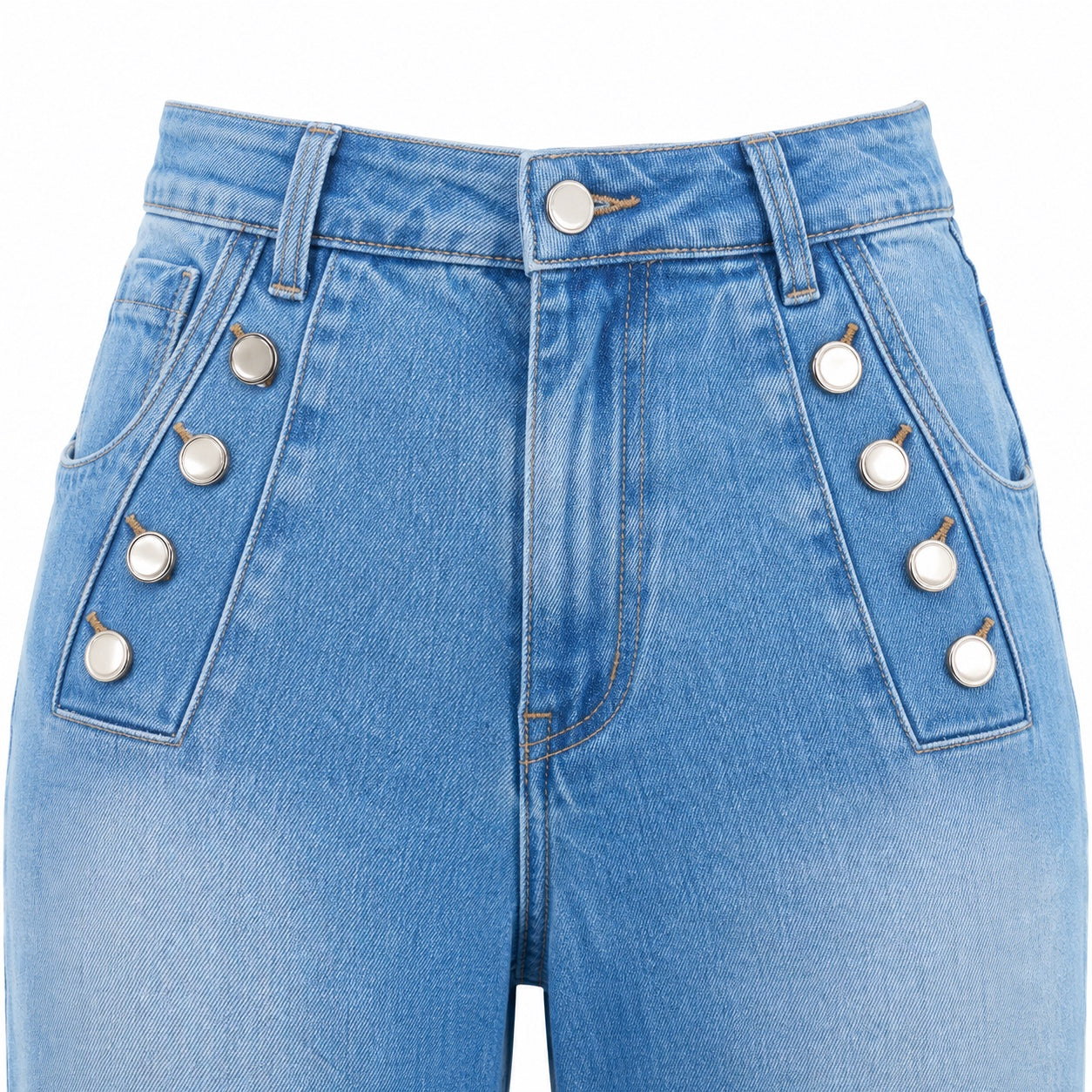Women's Button-Detail High-Waisted Jeans Full-Length Flared Fit - Sky Blue 