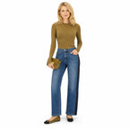 Women's Side-Stripe High-Waisted Jeans Ankle-Length Straight Fit - Navy Blue 