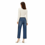 Women's Side-Stripe High-Waisted Jeans Ankle-Length Straight Fit - Navy Blue 
