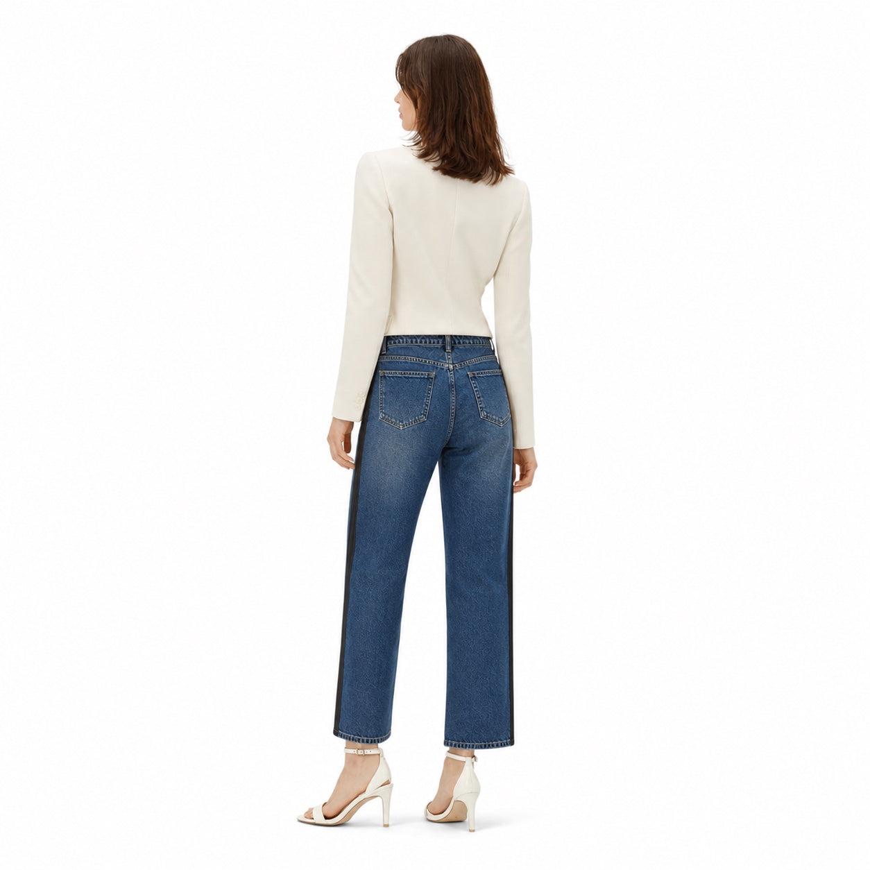 Women's Side-Stripe High-Waisted Jeans Ankle-Length Straight Fit - Navy Blue 