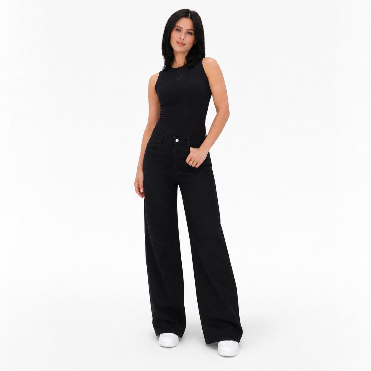 Women's High-Waisted Classic Jeans Full-Length Wide-Leg Fit - Black 