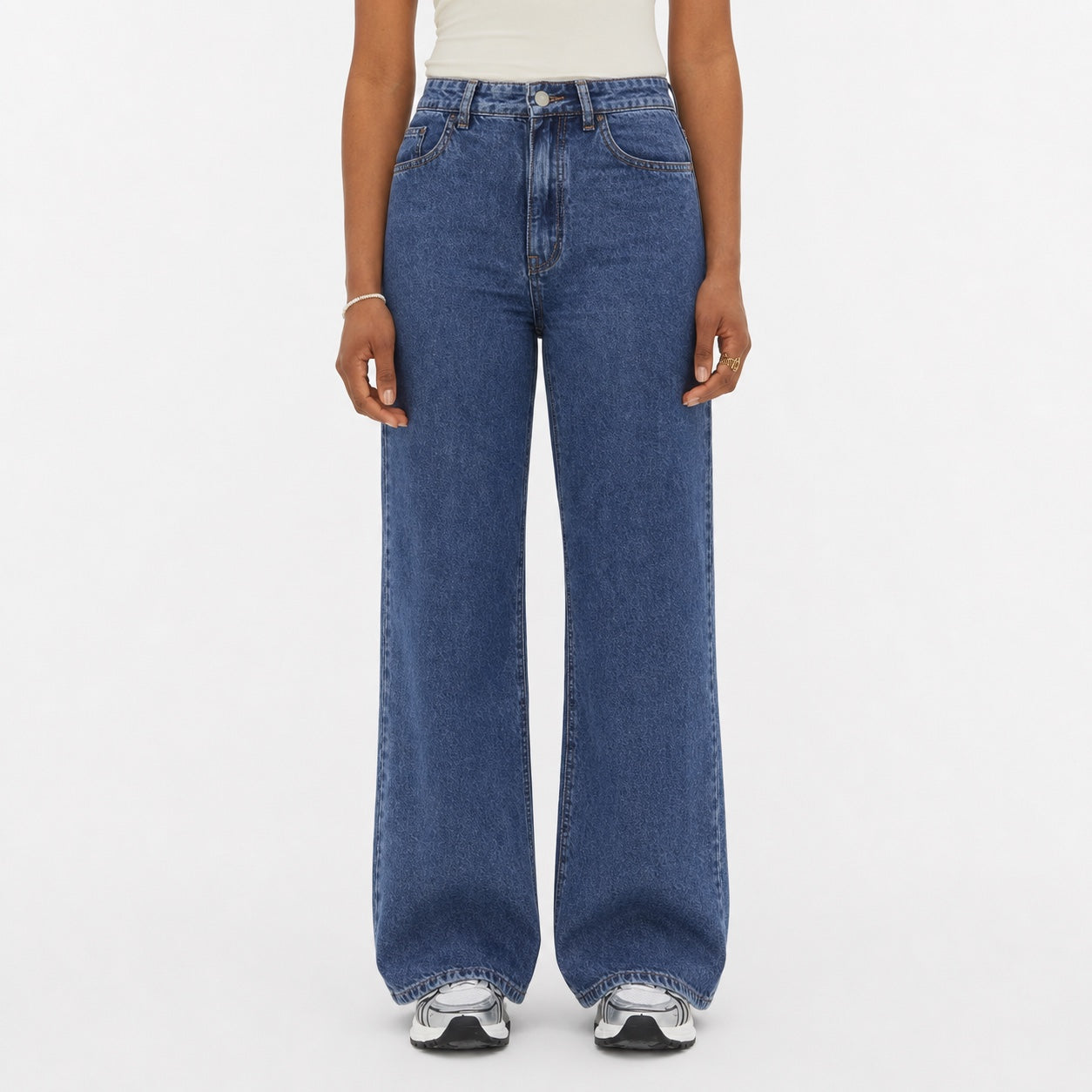 Women's High-Waisted Classic Jeans Full-Length Wide-Leg Fit - Dark Blue 