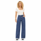 Women's High-Waisted Classic Jeans Full-Length Wide-Leg Fit - Dark Blue 