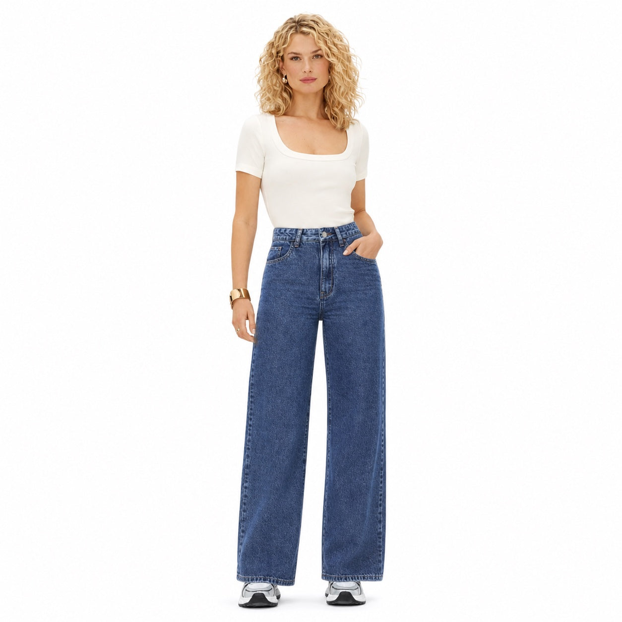 Women's High-Waisted Classic Jeans Full-Length Wide-Leg Fit - Dark Blue 