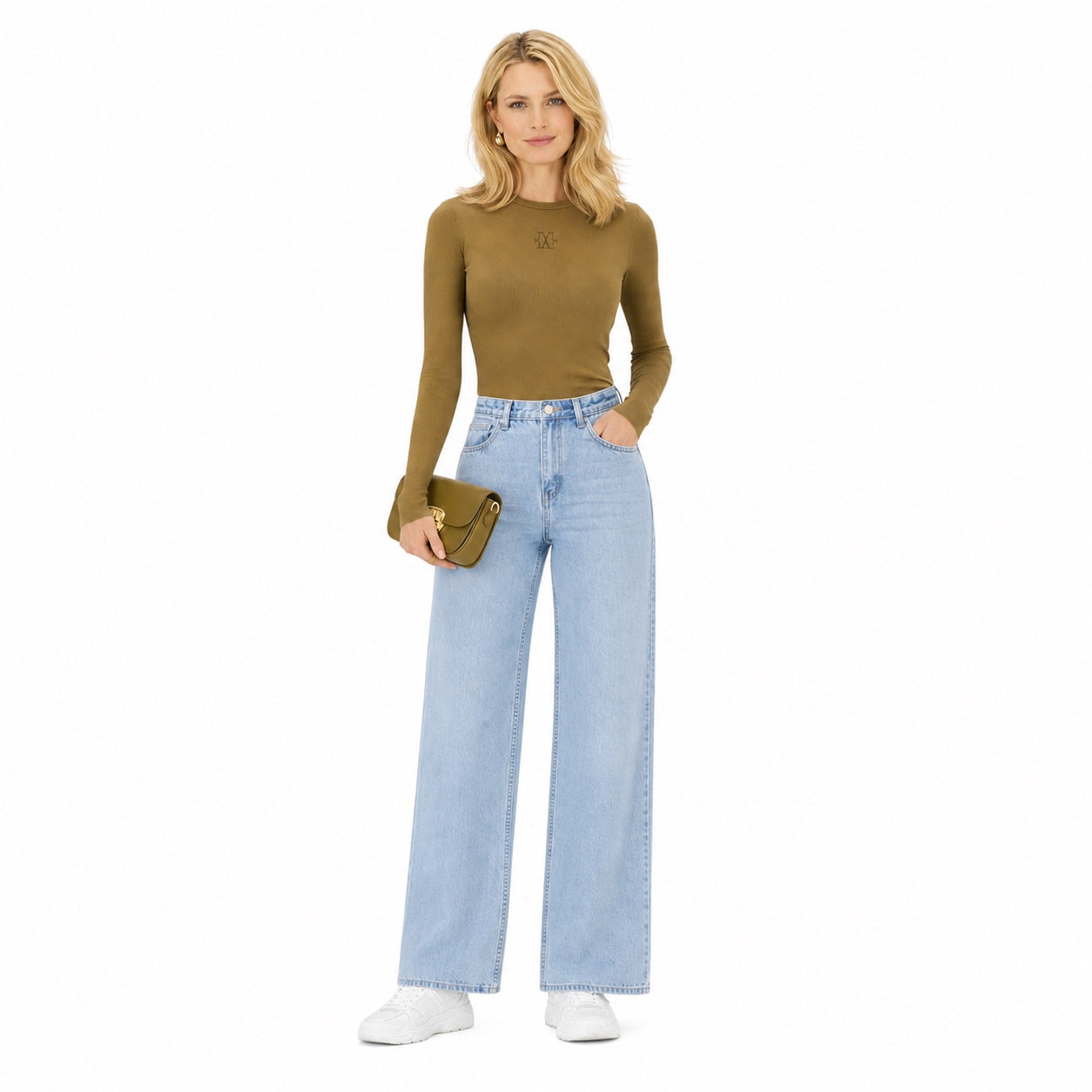Women's High-Waisted Classic Jeans Full-Length Wide-Leg Fit - Light Blue 