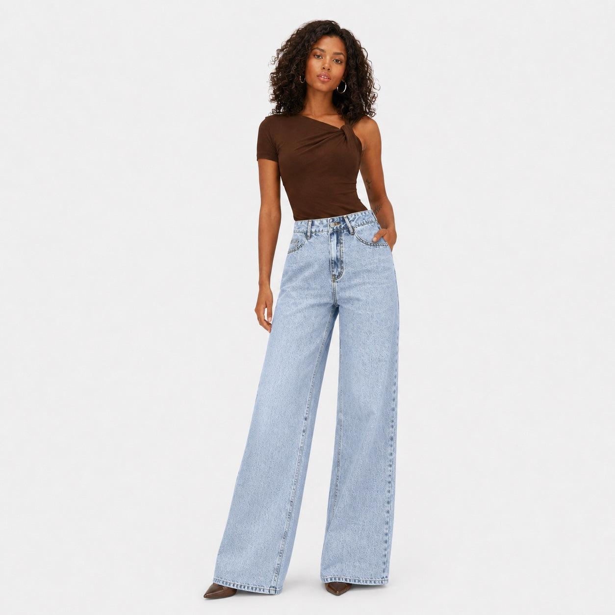 Women's Washed Denim Jeans High-Rise Wide-Leg Relaxed Fit - Blue front