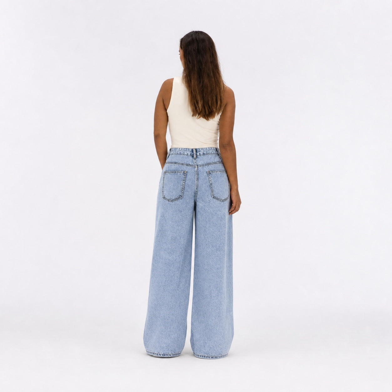 Women's Washed Denim Jeans High-Rise Wide-Leg Relaxed Fit - Blue back