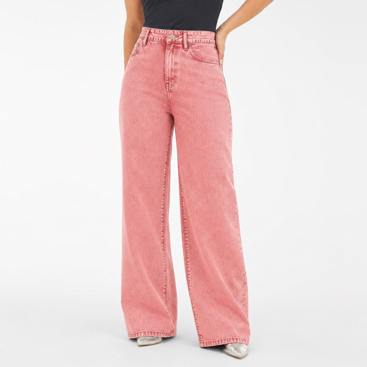 Women's Washed Denim Jeans High-Rise Wide-Leg Relaxed Fit - Pink front
