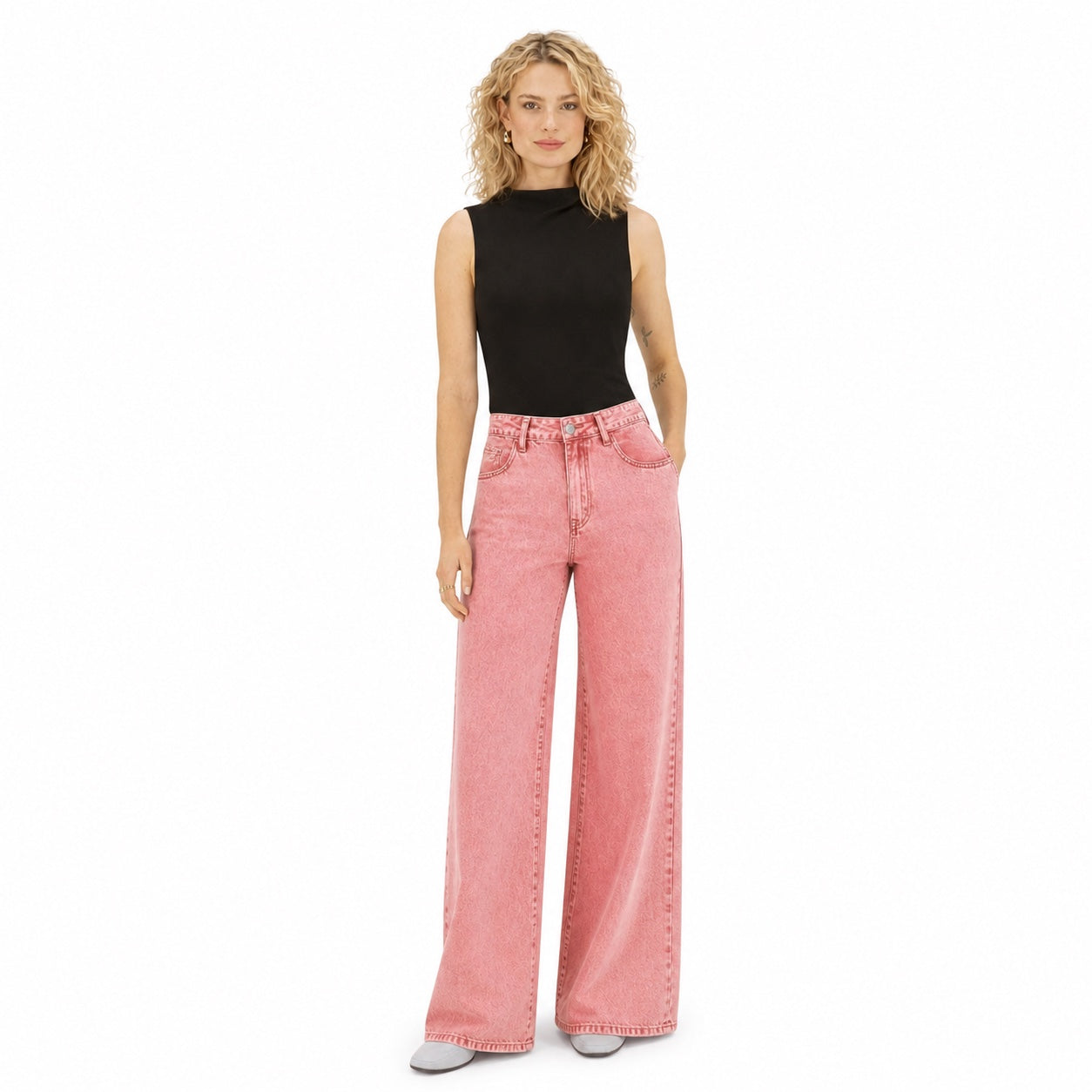 Women's Washed Denim Jeans High-Rise Wide-Leg Relaxed Fit - Pink front