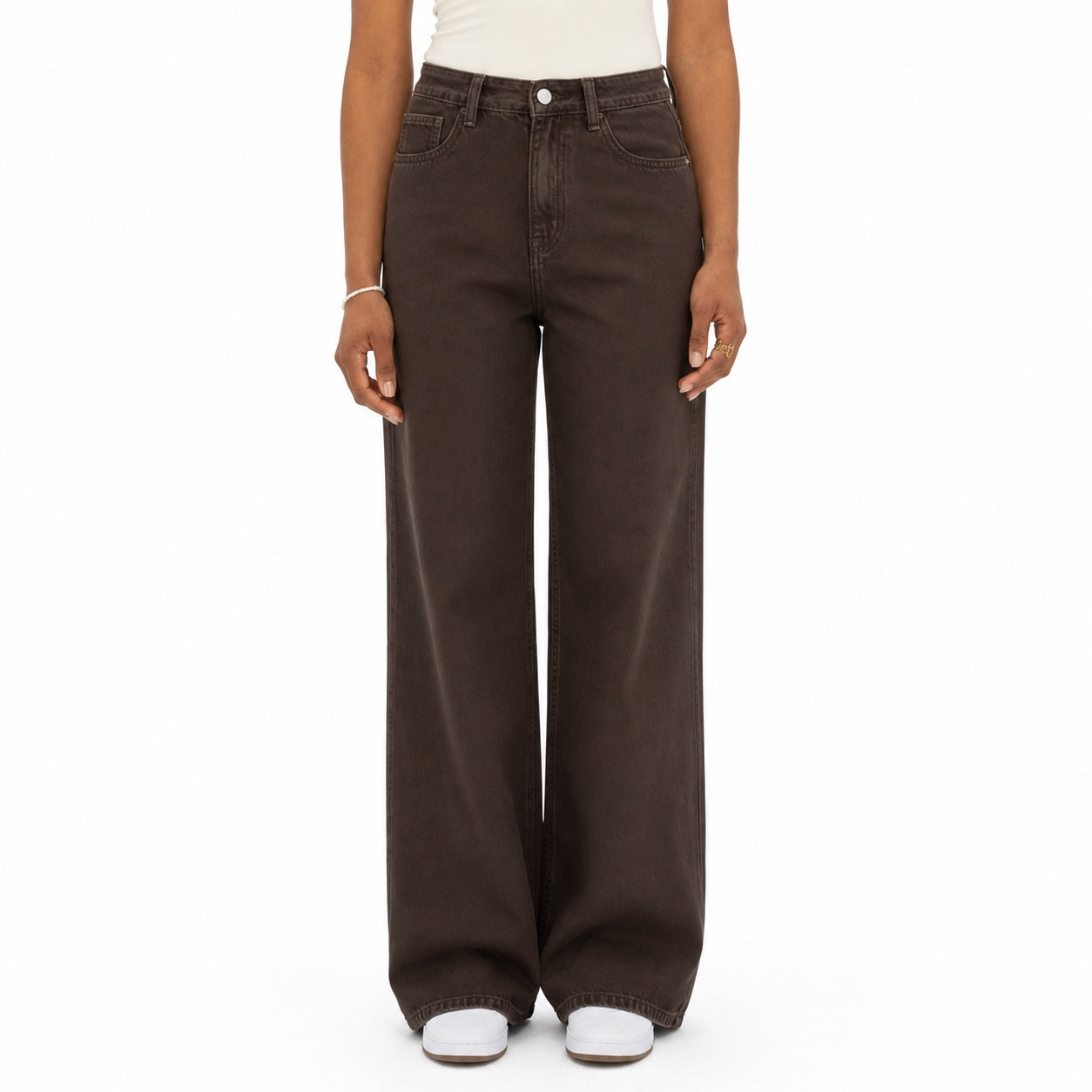 Women's Brown Denim Jeans High-Rise Wide-Leg Relaxed Fit - Brown front
