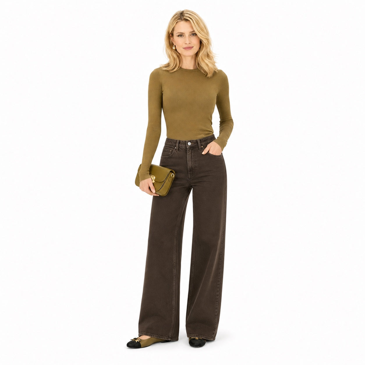 Women's Brown Denim Jeans High-Rise Wide-Leg Relaxed Fit - Brown front