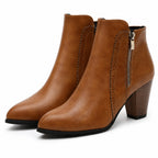Women's Ankle Boots Side-Zip Detail High Block-Heel Fit - Brown detail