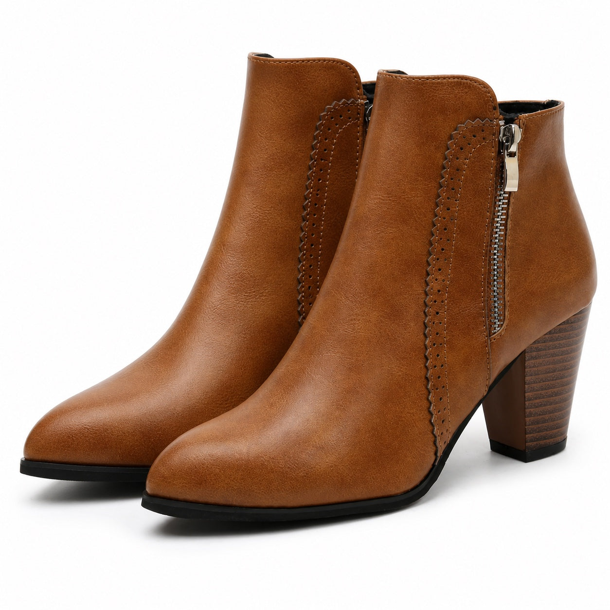 Women's Ankle Boots Side-Zip Detail High Block-Heel Fit - Brown detail