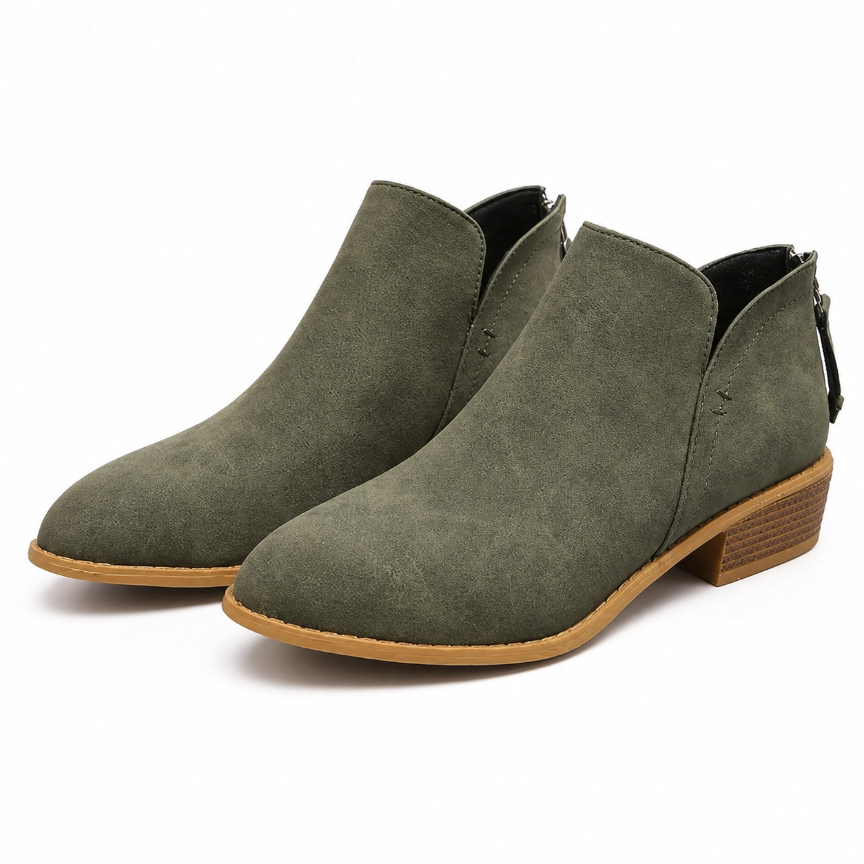 Women's V-Cut Ankle Booties Rear Zip Low Block Heel Regular Fit - Army Green detail