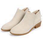 Women's V-Cut Ankle Booties Rear Zip Low Block Heel Regular Fit - Beige detail