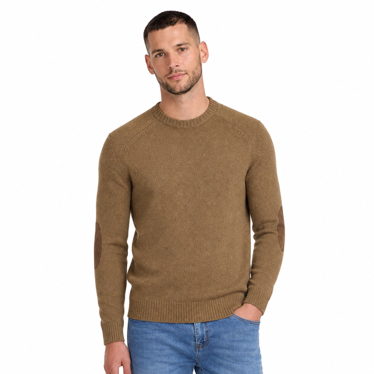 Men's Elbow-Patch Crew-Neck Knit Jumper Long Sleeve Regular Fit - Camel front