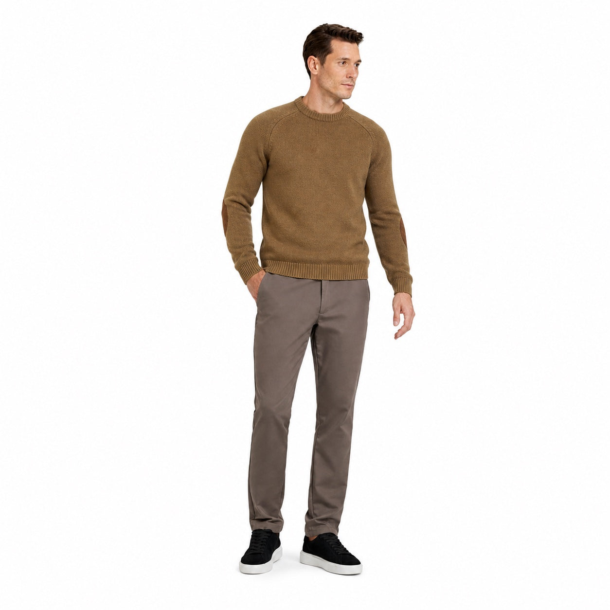 Men's Elbow-Patch Crew-Neck Knit Jumper Long Sleeve Regular Fit - Camel front