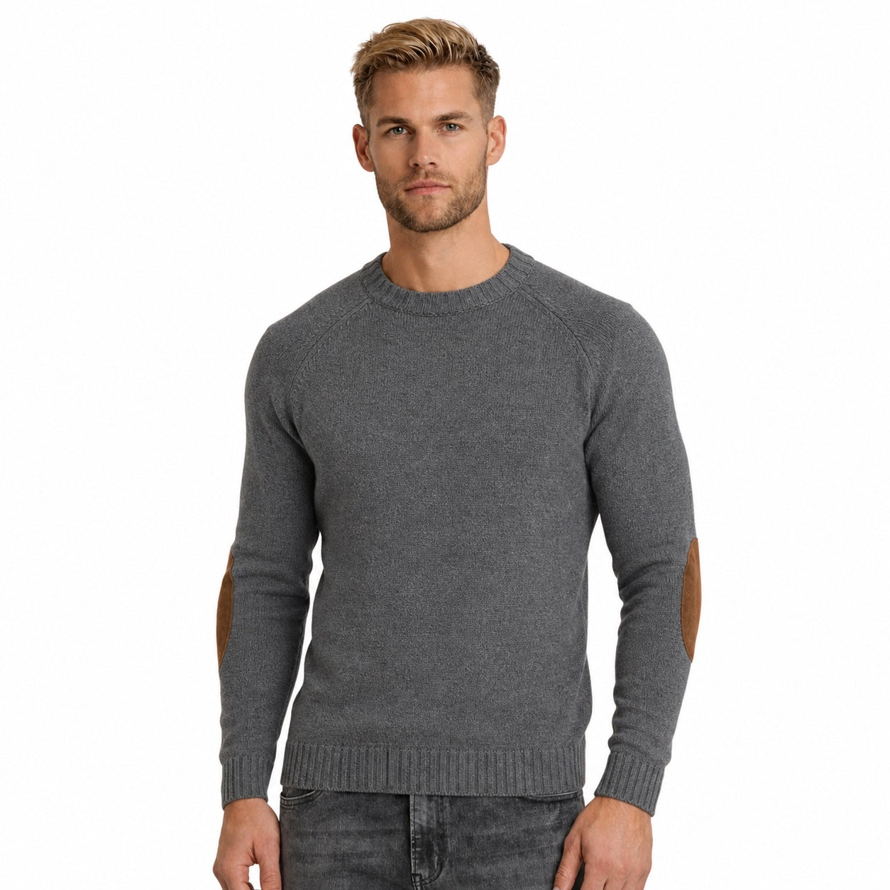 Men's Elbow-Patch Crew-Neck Knit Jumper Long Sleeve Regular Fit - Grey front