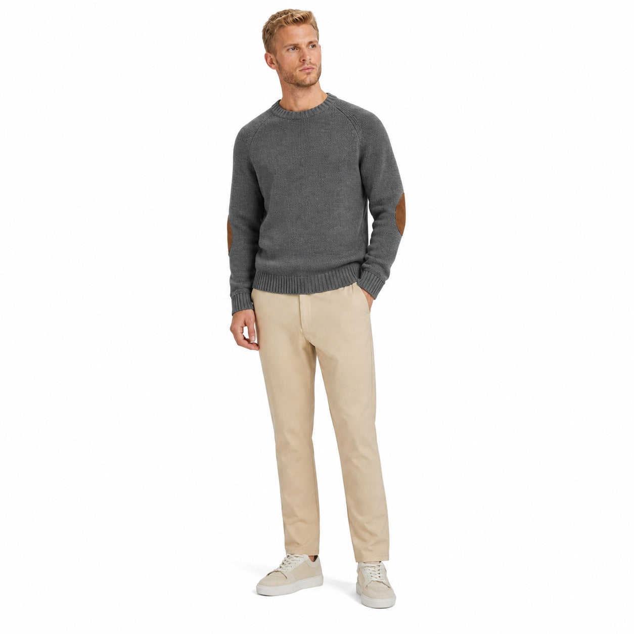 Men's Elbow-Patch Crew-Neck Knit Jumper Long Sleeve Regular Fit - Grey front