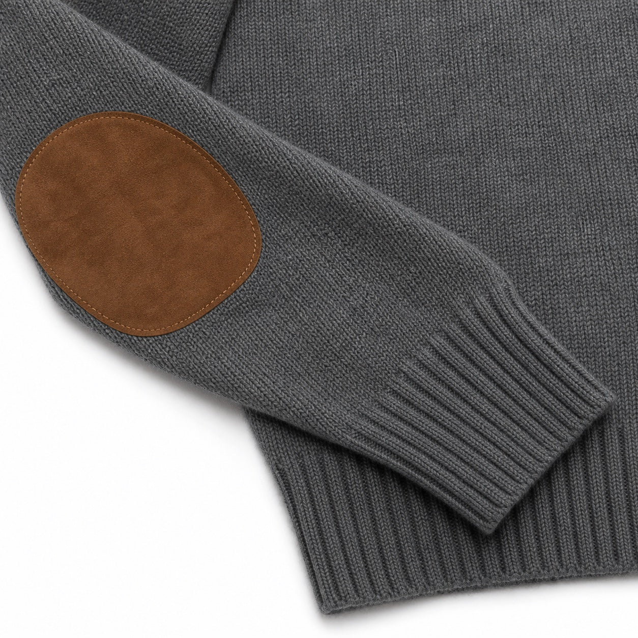 Men's Elbow-Patch Crew-Neck Knit Jumper Long Sleeve Regular Fit - Grey detail