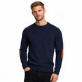 Men's Elbow-Patch Crew-Neck Knit Jumper Long Sleeve Regular Fit - Navy Blue front