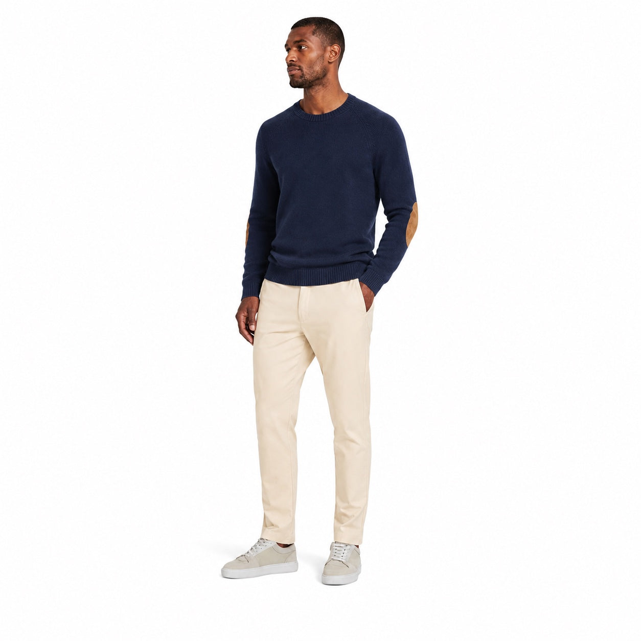 Men's Elbow-Patch Crew-Neck Knit Jumper Long Sleeve Regular Fit - Navy Blue front