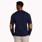 Men's Elbow-Patch Crew-Neck Knit Jumper Long Sleeve Regular Fit - Navy Blue back
