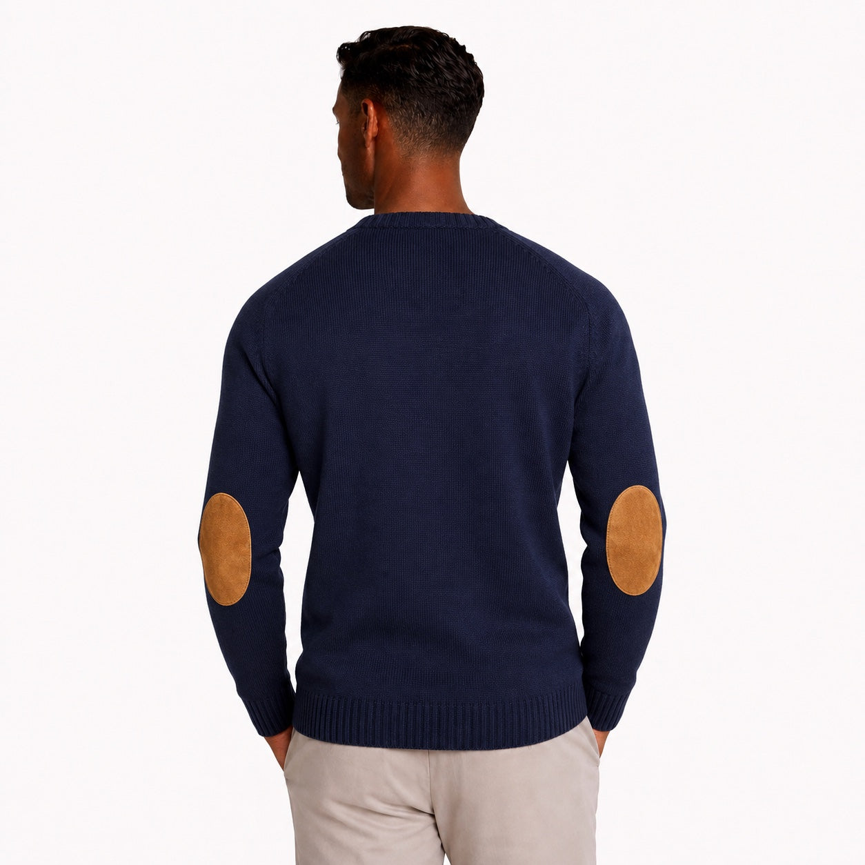 Men's Elbow-Patch Crew-Neck Knit Jumper Long Sleeve Regular Fit - Navy Blue back