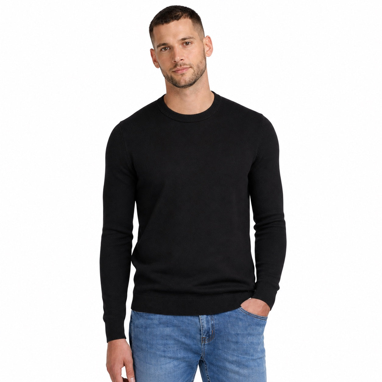 Men's Fine-Knit Crew-Neck Jumper Long Sleeve Regular Fit - Black front