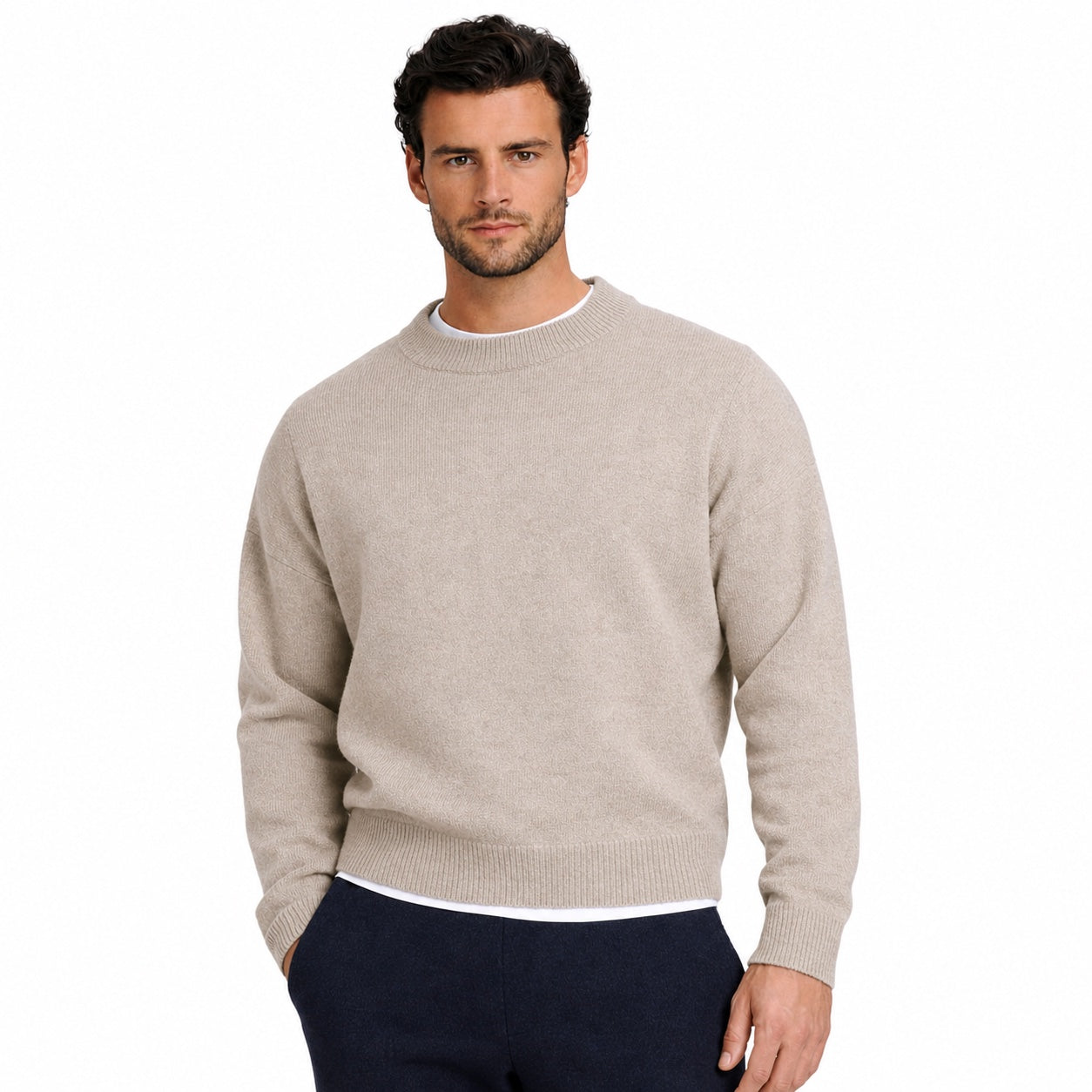 Men's Fine-Knit Crew-Neck Jumper Long Sleeve Regular Fit - Camel front