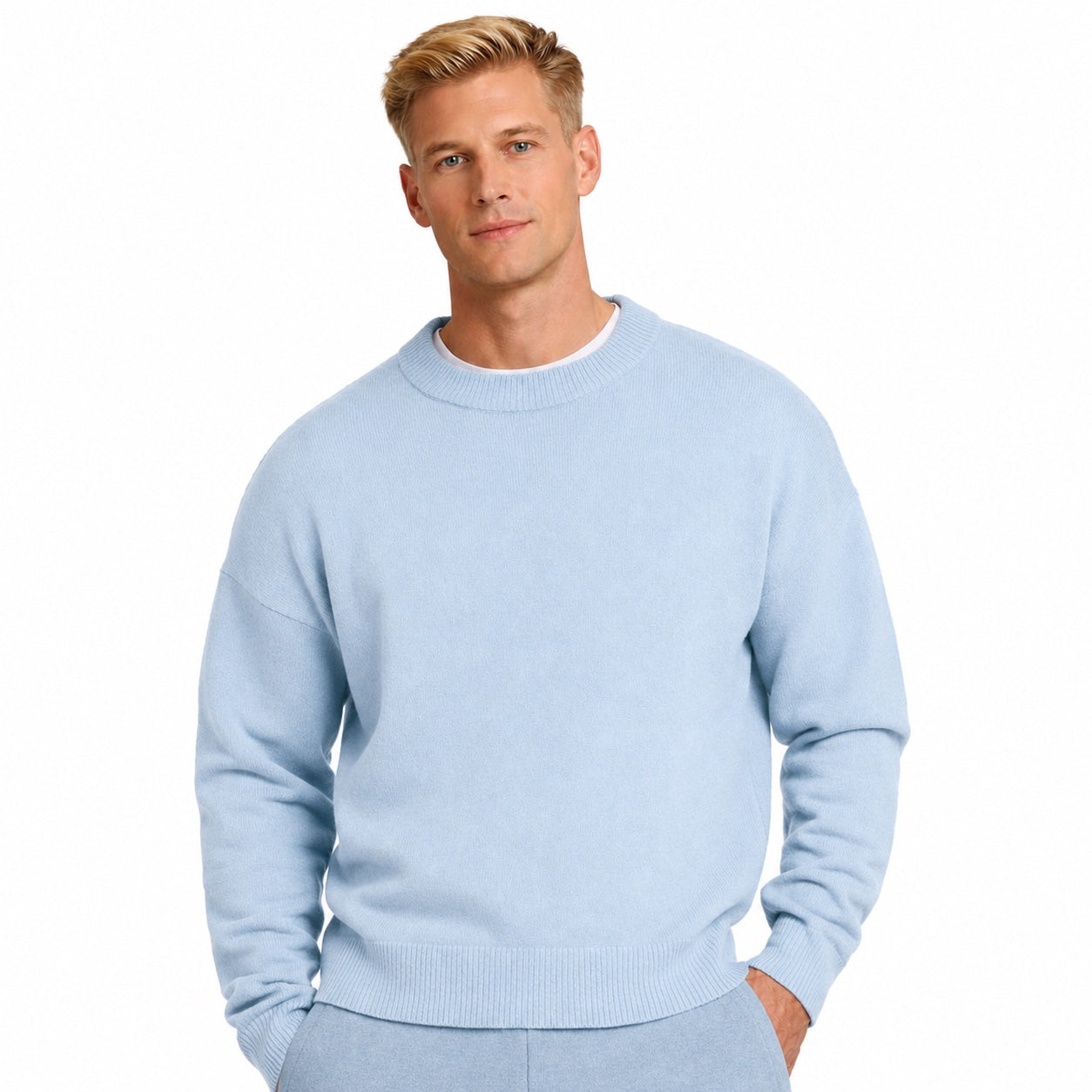 Men's Fine-Knit Crew-Neck Jumper Long Sleeve Regular Fit - Light Blue front