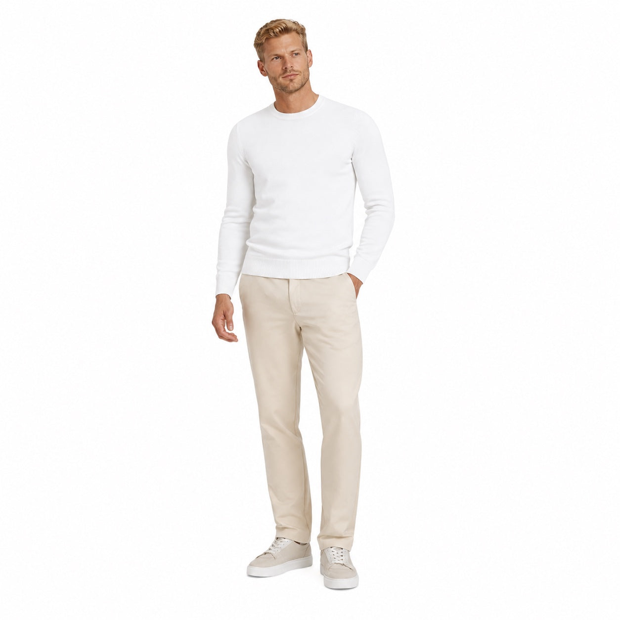 Men's Fine-Knit Crew-Neck Jumper Long Sleeve Regular Fit - White front