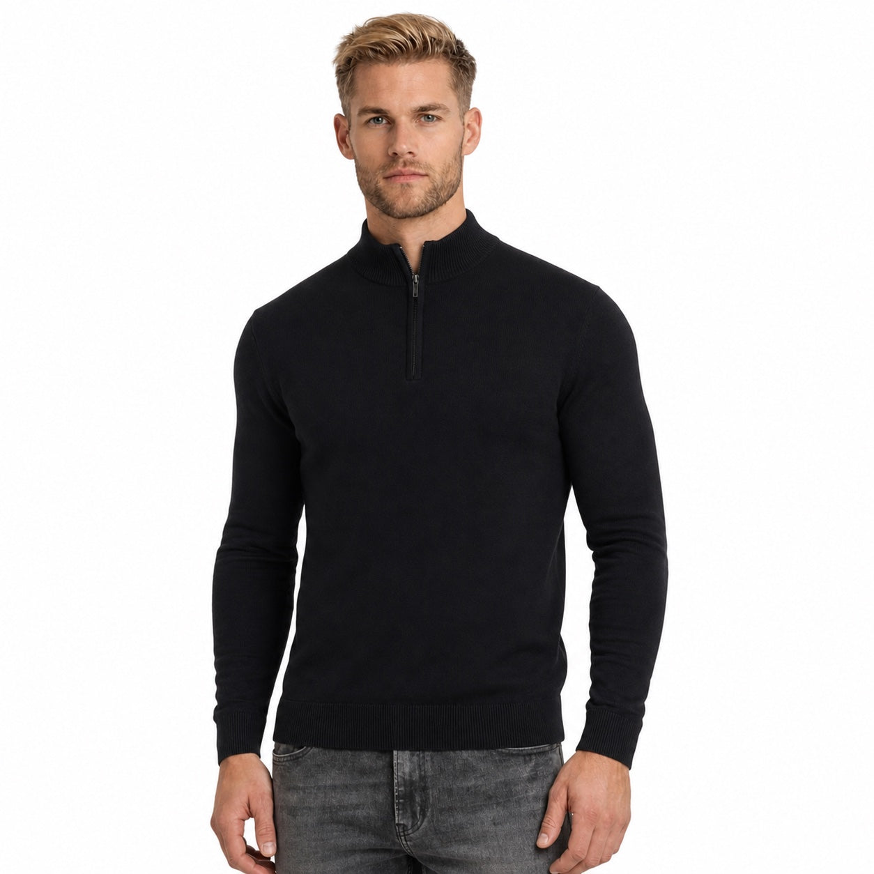 Men's Fine-Knit Quarter-Zip Jumper Stand Collar Long Sleeve Regular Fit - Black front