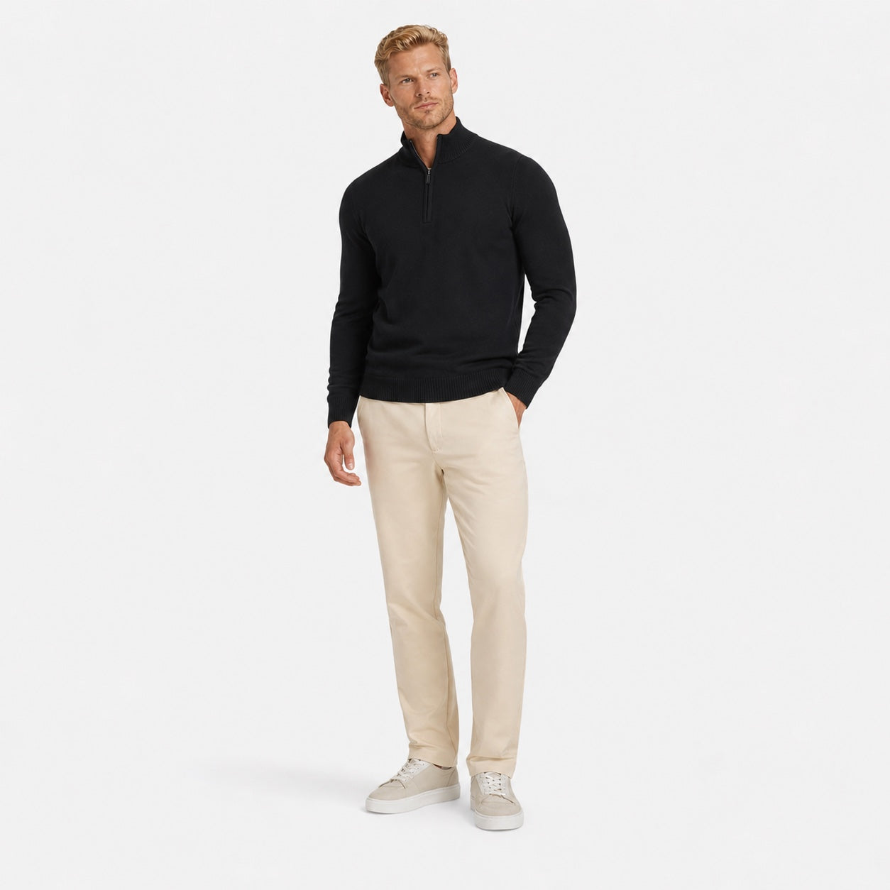 Men's Fine-Knit Quarter-Zip Jumper Stand Collar Long Sleeve Regular Fit - Black front