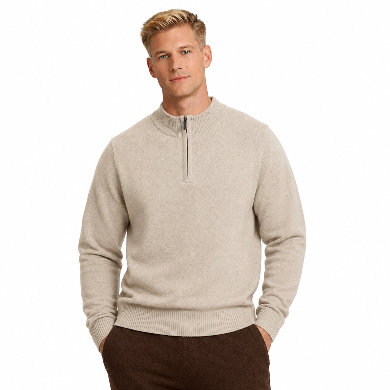 Men's Fine-Knit Quarter-Zip Jumper Stand Collar Long Sleeve Regular Fit - Khaki front