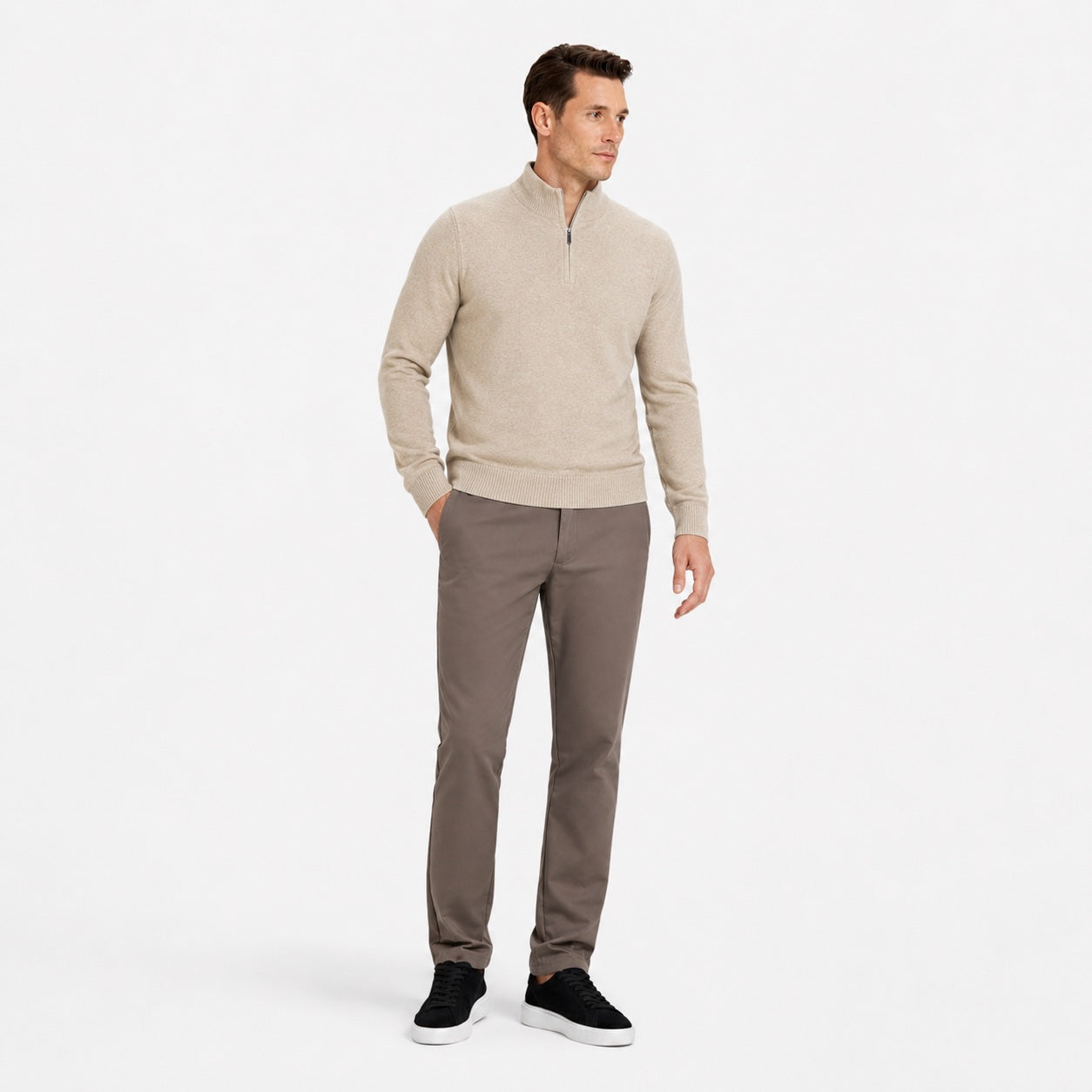 Men's Fine-Knit Quarter-Zip Jumper Stand Collar Long Sleeve Regular Fit - Khaki front