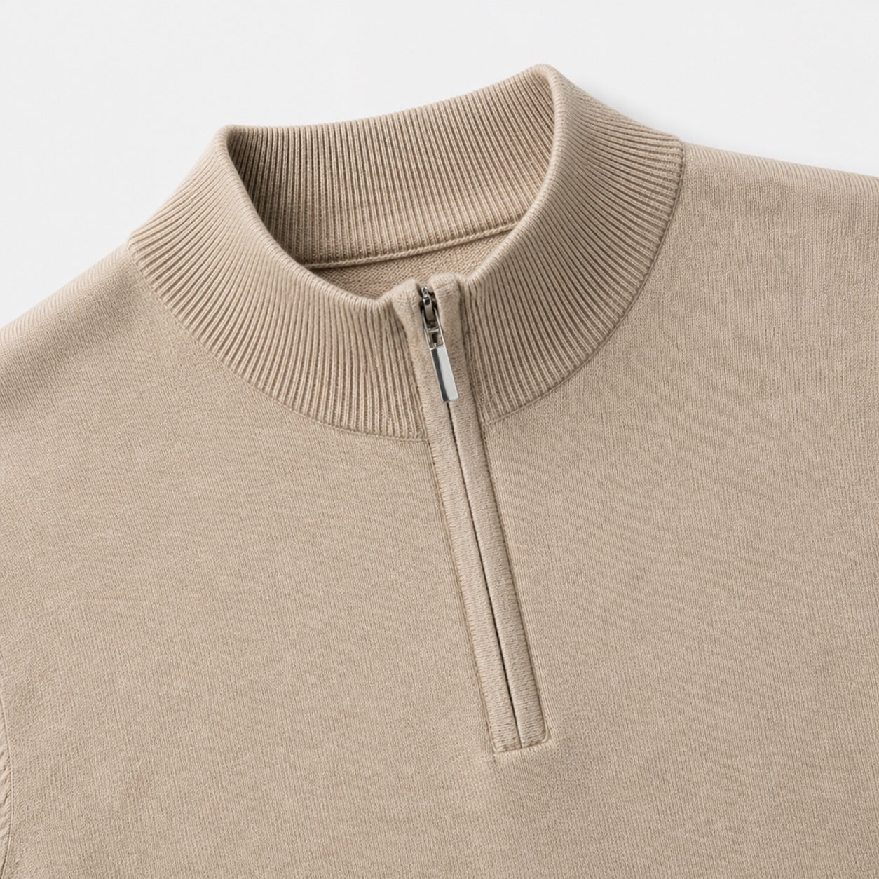 Men's Fine-Knit Quarter-Zip Jumper Stand Collar Long Sleeve Regular Fit - Khaki detail